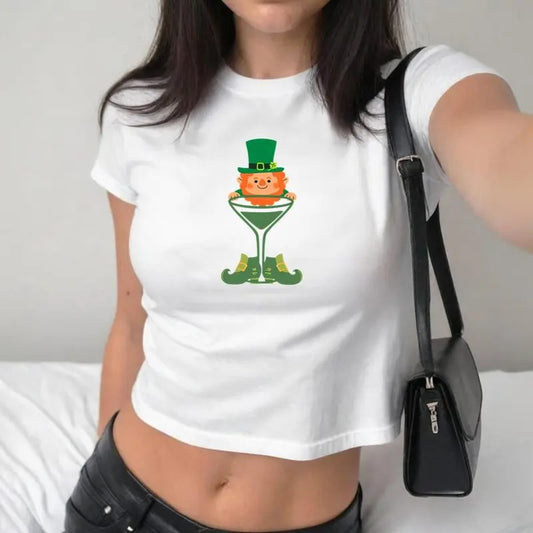 Leprechaun Baby Tee, Trendy St Patrick's Day , Retro St Pattys Day Shirt, Green Lucky Cocktail Baby Tee, Y2K Aesthetic Shamrock Baby Tee