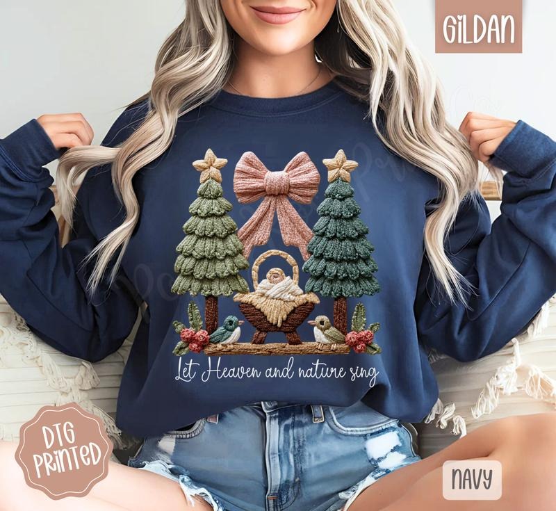 Let Heaven & Nature Sing Faux Crochet Sweatshirt, Trendy Women's Christmas Sweater T-Shirts, Hoodie | HypeDripTees.com