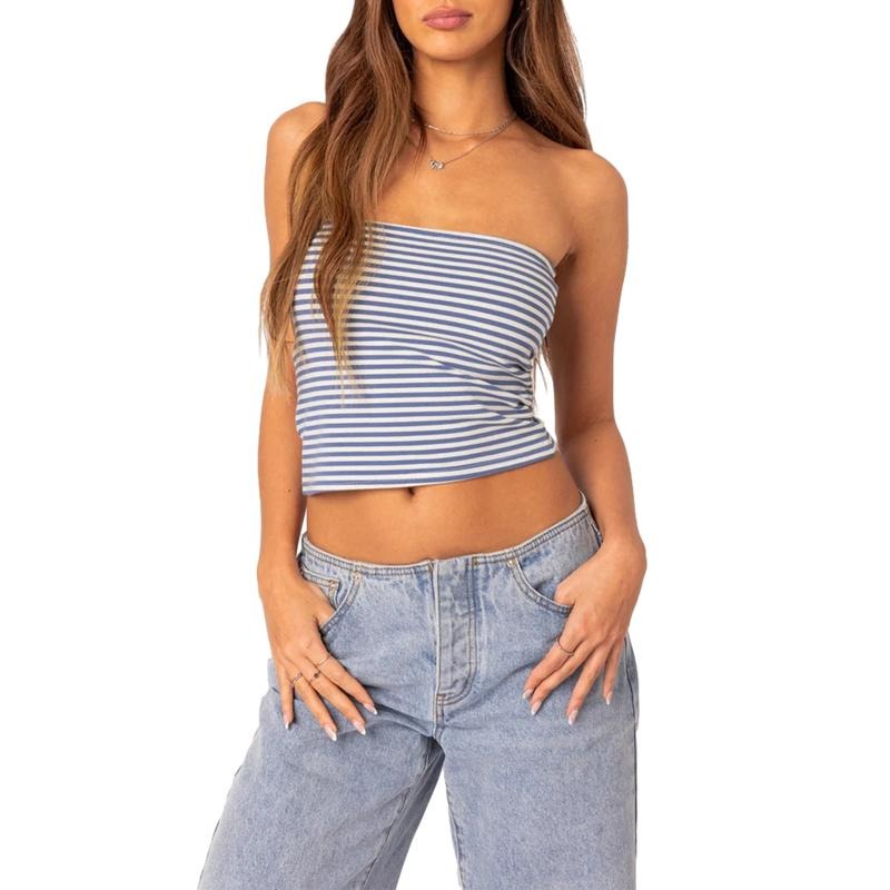 Women's Summer Tube Tops Sleeveless Strapless Solid Color/Stripes/Letter Print Bandeau Crop Tops Slim Fit Shirts...