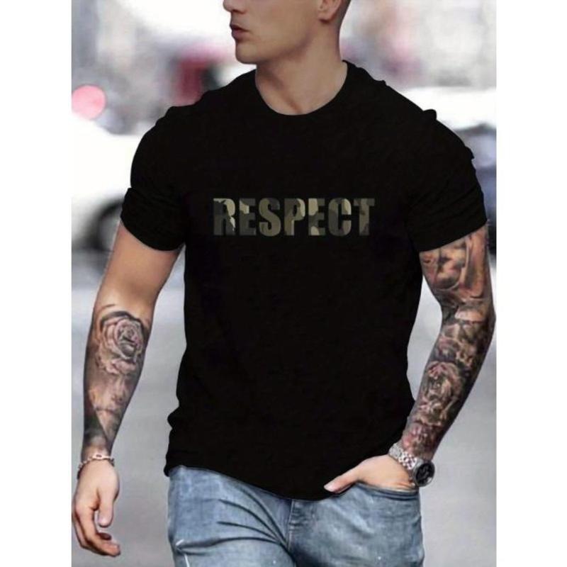 Letter RESPECT Pattern Print Men's T-shirt, Graphic Tee Men's Summer Clothes, Men's Outfits Made In USA Hoodie, Sweatshirt