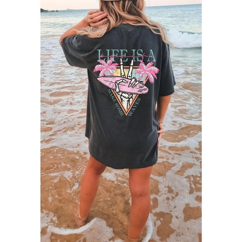 Life is a Beach Make Some Waves Oversized TShirt, Surfing Skeleton Shirt, Beach Tshirt, Summer Shirt, Graphic Tees For...