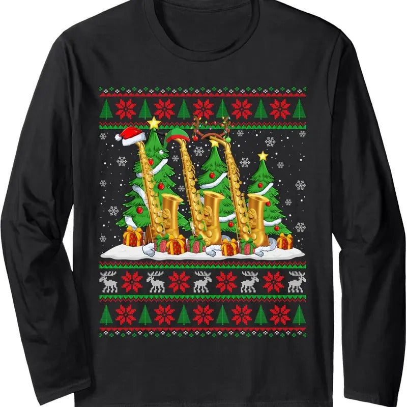 Lights Xmas Sweater Style Ugly Santa Saxophone Christmas Long Sleeve T-Shirt Hoodie, Sweatshirt | HypeDripTees.com