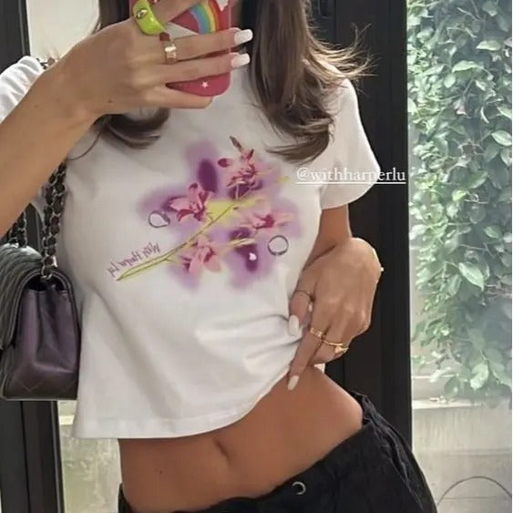 Lily Flower Baby Tee, Graphic Print Baby Tee, Trendy Y2K Tshirt, Summer Graphic Print Baby Tee Flower, Gift For Her...