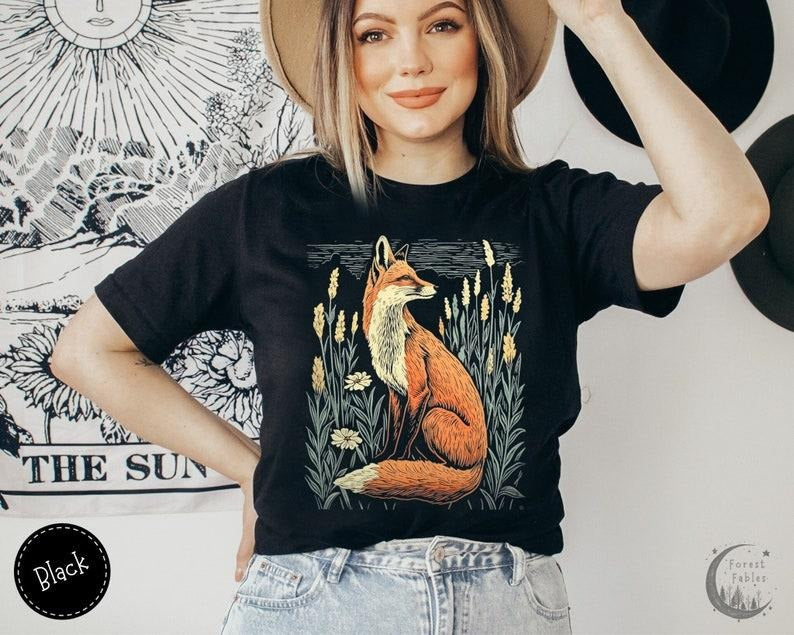 Linocut Fox in a Wildflower Field T Shirt Hoodie Sweater, Vintage Cottagecore Shirt, Forestcore T-Shirt, Gift for Fox...