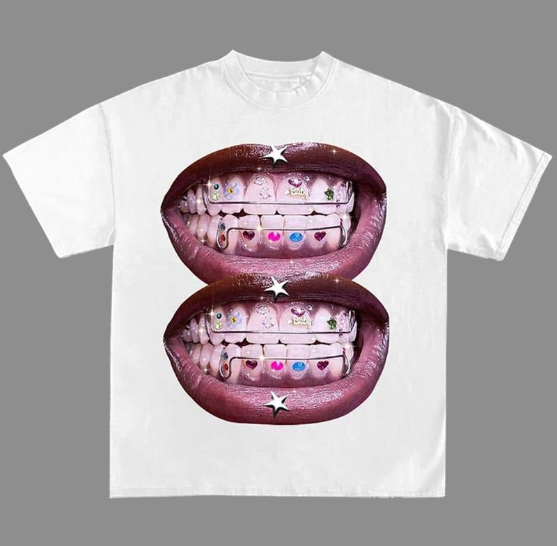 Lip Grill Graphic Print Street Cotton T-Shirt Y2K Style Hoodie, Sweatshirt | HypeDripTees.com