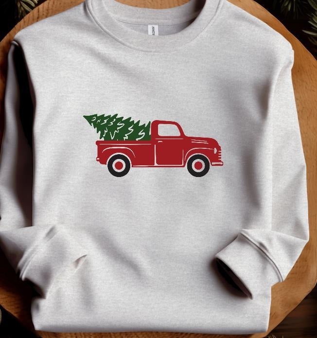 Little Red Truck Hauling a Christmas Tree Sweatshirt Festive T-Shirts, Hoodie | HypeDripTees.com