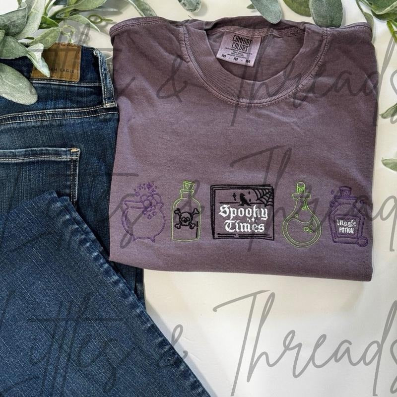Littles and Threads Spooky Halloween Embroidered Tshirt - Simple Comfort Colors Tee