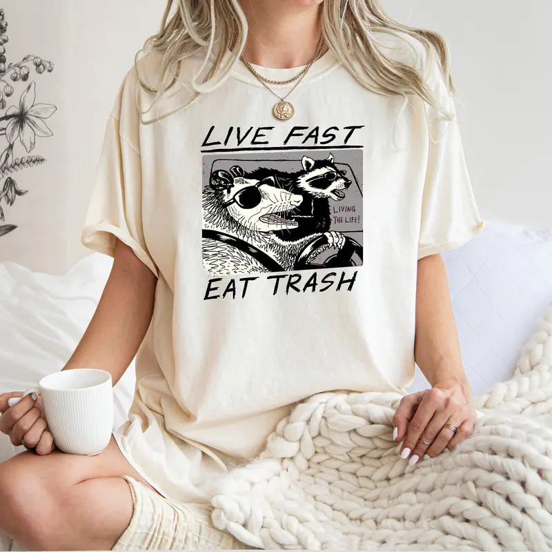 Live Fast Eat Trash T-Shirt, Raccoon T-Shirt, Funny Animal T-Shirt Hoodie, Sweatshirt | HypeDripTees.com
