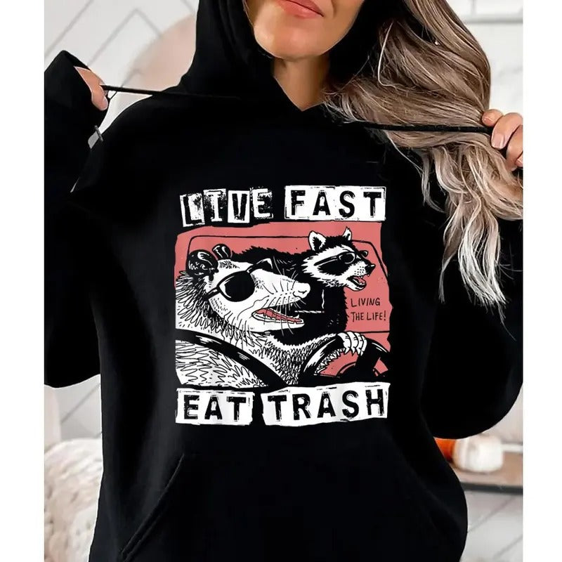 Live Fast Eat Trash, Funny Hoodie Casual Street Style Fleece Fabric Pullover Hooded Sweatshirt for Women for Men, Perfect...