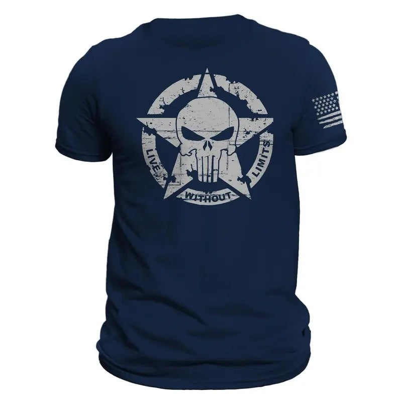 Live Without Limits US Skull Distressed Design With Flag on Sleeve Men's T-Shirt Hoodie, Sweatshirt | HypeDripTees.com