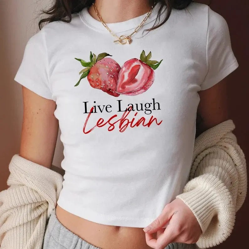 Live laugh lesbian, retro lesbian shirt, strawberry retro 90s tee Cotton Fit Hoodie, Sweatshirt | HypeDripTees.com