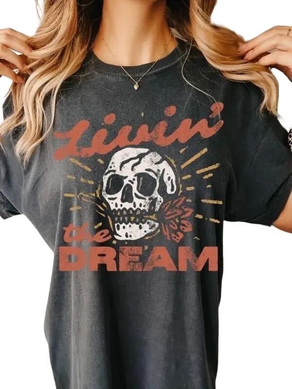 Livin' the dream skull comfort colors graphic tee | retro grunge garment dyed shirt Hoodie, Sweatshirt | HypeDripTees.com