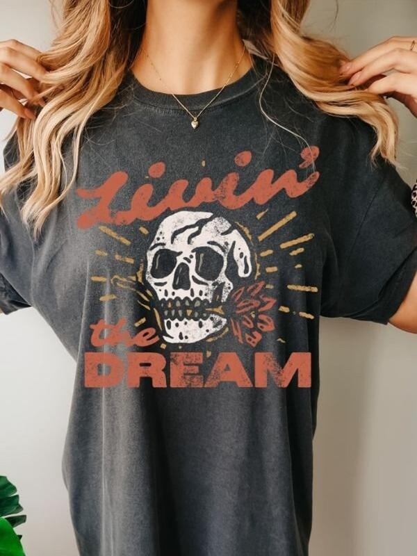 Livin the Dream Tee, Dreamer TShirt, Cute Skeleton T Shirt, Boho Western Shirt Hoodie, Sweatshirt | HypeDripTees.com