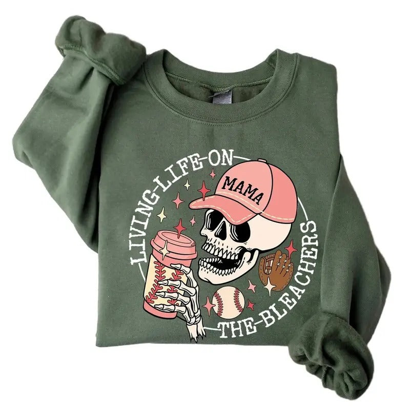 Living Life on the Bleachers Mama Sweatshirt, Skull Sweatshirt, Sports and Coffee Sweater, Baseball Mom Shirt Womenswear...