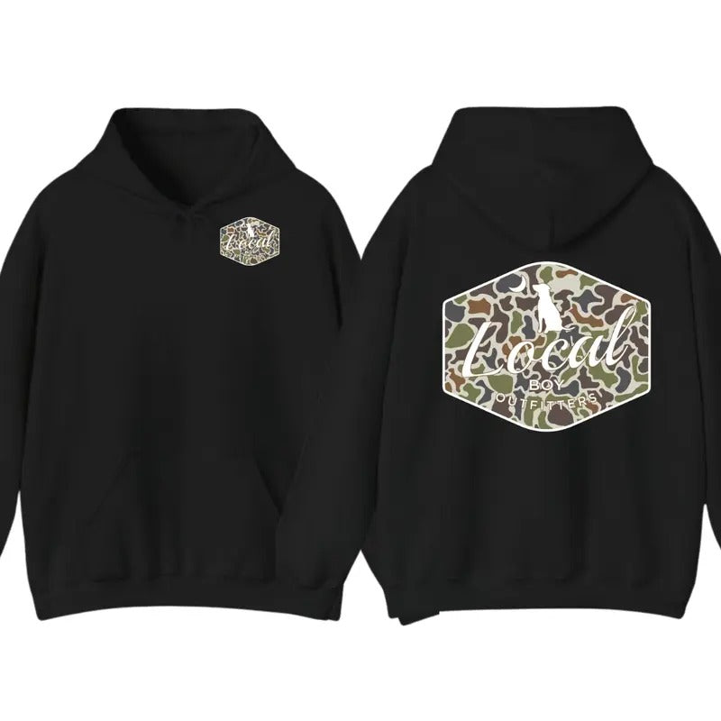 Local Boy Outfitters Dog Camo Hoodie, Classic Camouflage Design with Minimalist Logo, Sweatshirt For Men And Women,...