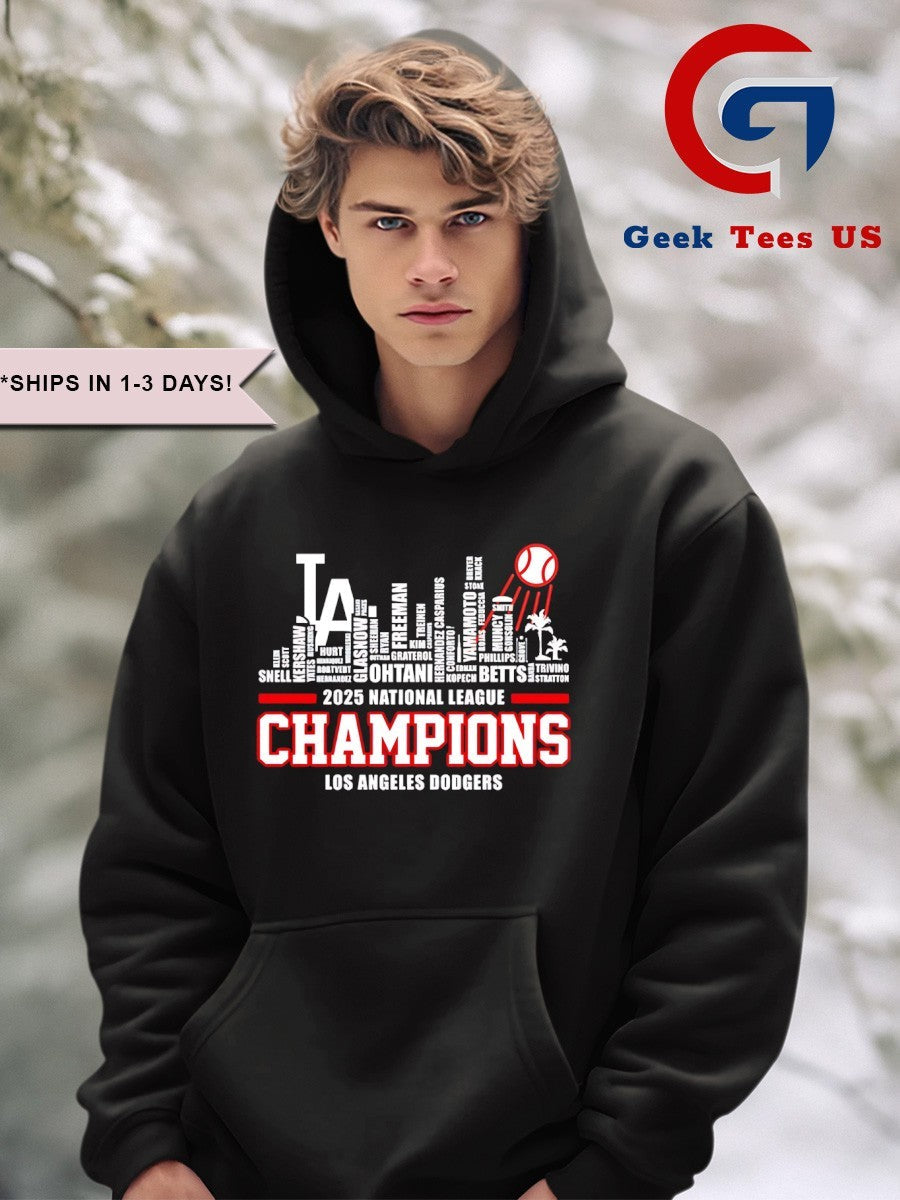 Los Angeles Dodgers 2025 National League Champions players name Skyline shirt