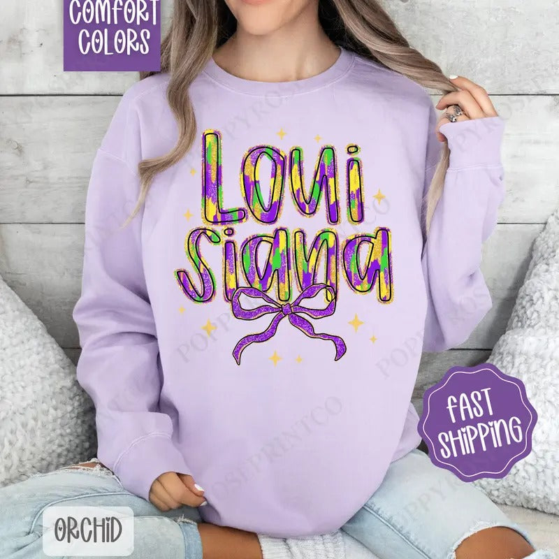 Louisiana Bow Comfort Colors Sweatshirt, Coquette Mardi Gras Bow Women's Crewneck, Holiday Women's Sweater T-Shirts, Hoodie