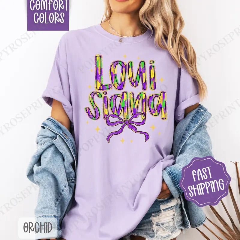 Louisiana Bow Comfort Colors, Coquette Mardi Gras Bow Women's Tee, Holiday Women's Tshirt Hoodie, Sweatshirt