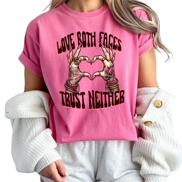 Love Both Faces, Trust Neither Sarcastic T-Shirt for Women, Inked Mama, Offensive Short Sleeve Womenswear, Casual Graphic...