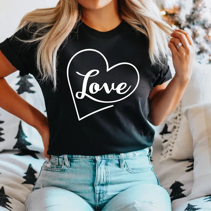 Love Heart T-Shirt, Drawn Heart Love Shirt, Valentine's Day Tee, Valentines Gift Tee, Cute Lovers Short Sleeve, Couples...