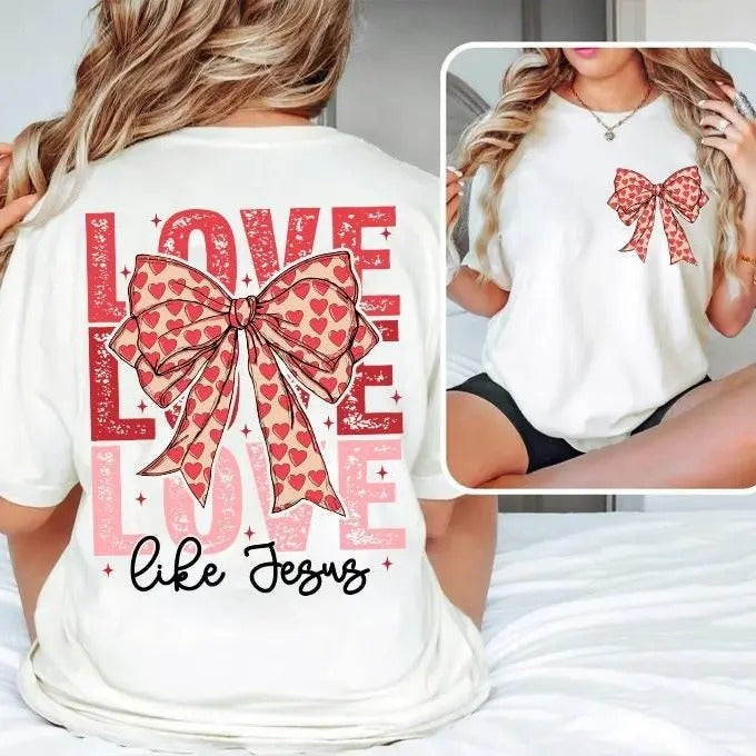 Love Like Jesus Coquette T-Shirt - Retro Heart Bow Christian Tee Hoodie, Sweatshirt | HypeDripTees.com