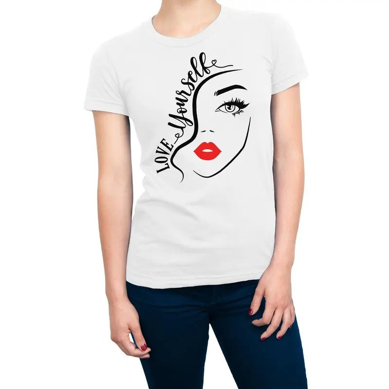 Love Your Self Women's Casual Crewneck T-Shirt with Printed Design and Red Accents Hoodie, Sweatshirt | HypeDripTees.com