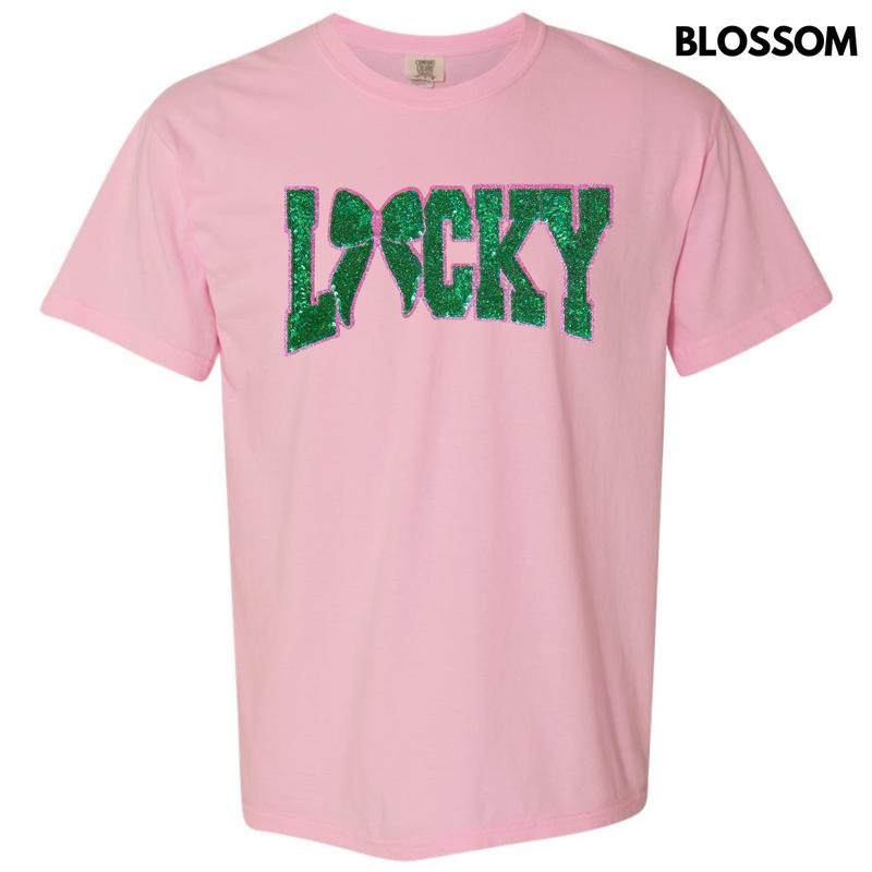 Lucky Bow Sequin Patch Comfort Colors T-Shirt Hoodie, Sweatshirt | HypeDripTees.com