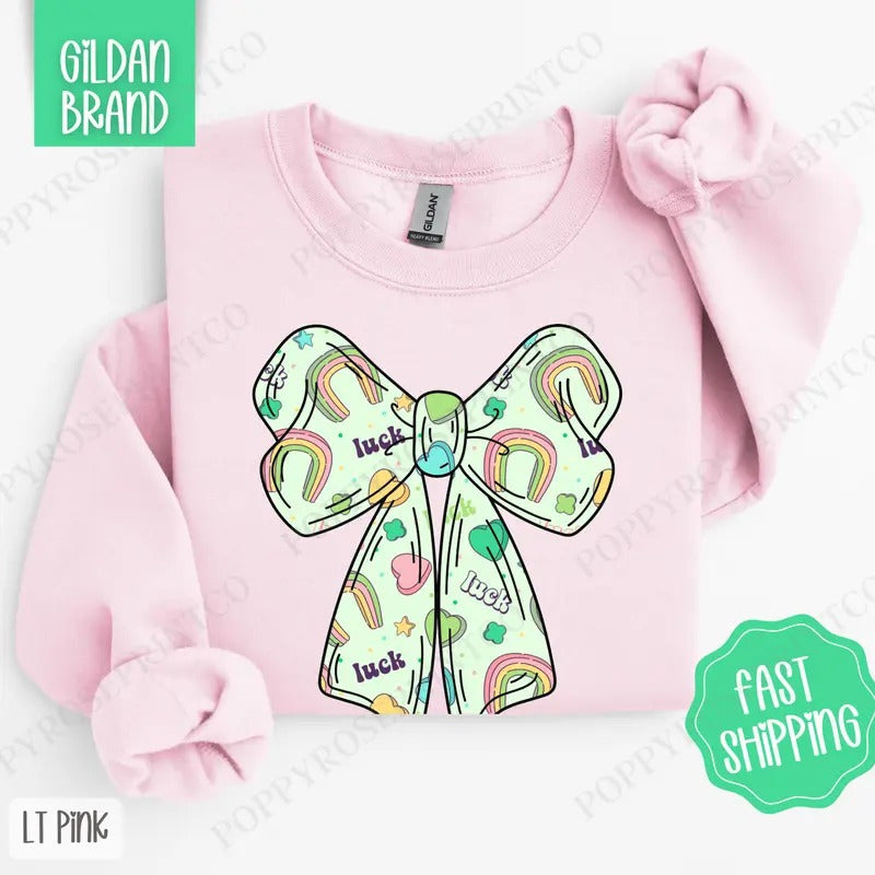Lucky Charm Bow St Patrick Sweatshirt, St Patrick's Day Crewneck, Cute Women's Sweater T-Shirts, Hoodie | HypeDripTees.com