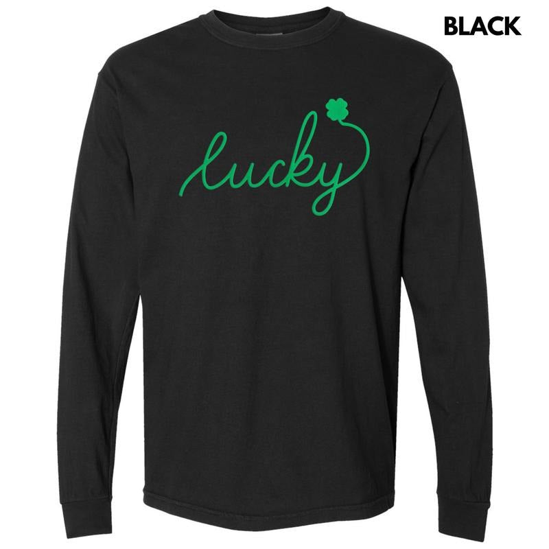Lucky Cursive Green Puff Long Sleeve Comfort Colors T-Shirt Hoodie, Sweatshirt | HypeDripTees.com