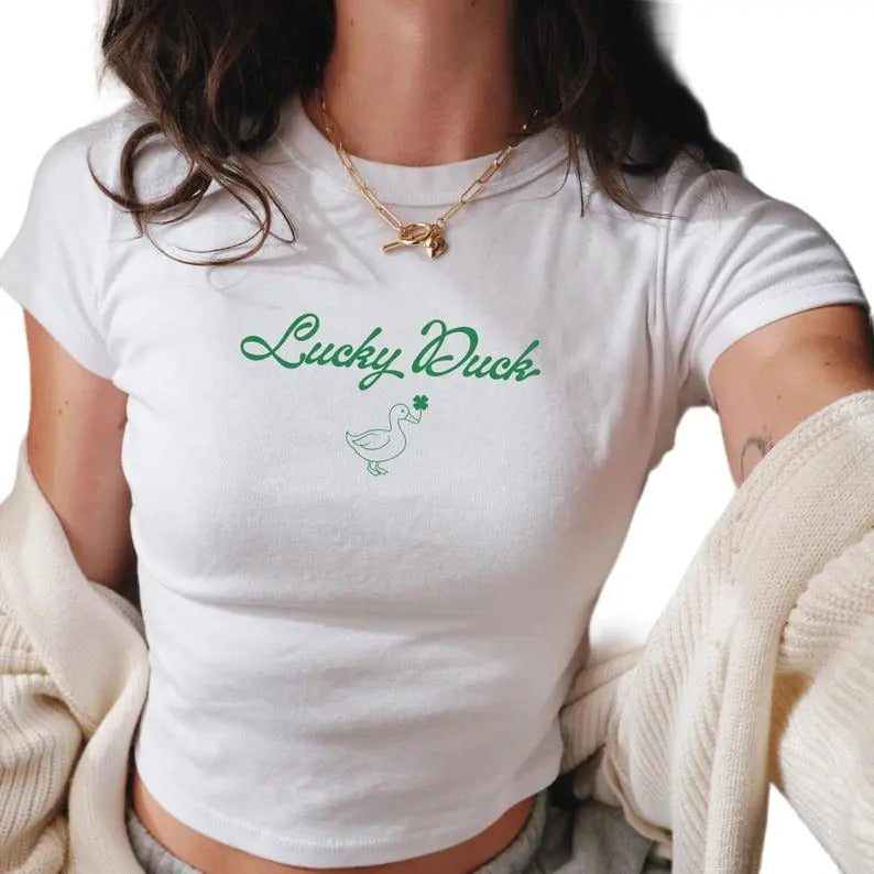 Lucky Duck Baby Tee, St Patricks Day Baby Tee, Lucky Irish Girl Shirt, St Paddys Day y2k 90s Style, Vintage Artwork...