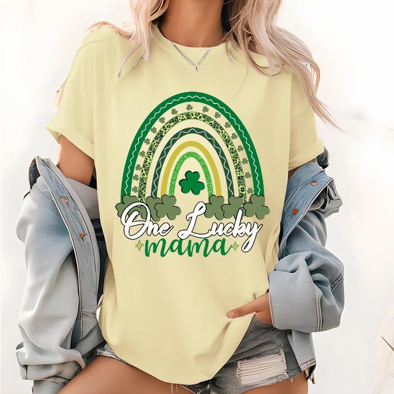 Lucky Mama Pattern T Shirt, St. Patricks Day Short Sleeve Tops, Green Rainbow Tee, Mom  Lucky T-Shirt, Lucky Tee Gift...
