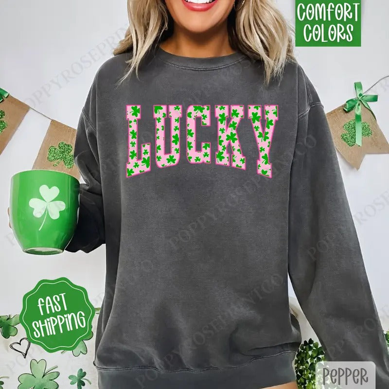 Lucky St Patrick Comfort Colors Sweatshirt, St Patrick's Day Women's Crewneck, Cute Women's Sweater T-Shirts, Hoodie