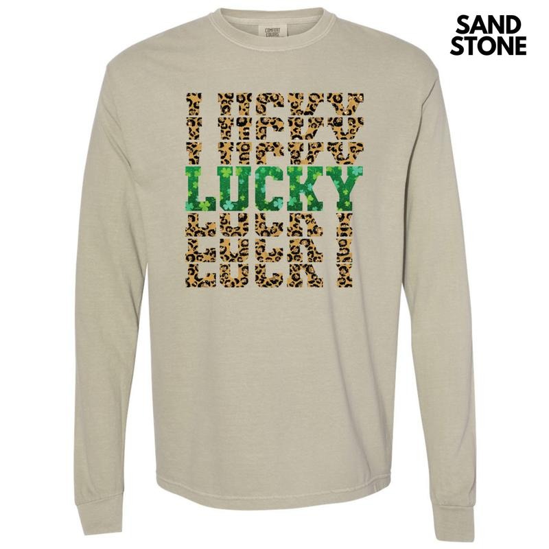 Lucky Stacked Leopard Long Sleeve Comfort Colors T-Shirt Hoodie, Sweatshirt | HypeDripTees.com