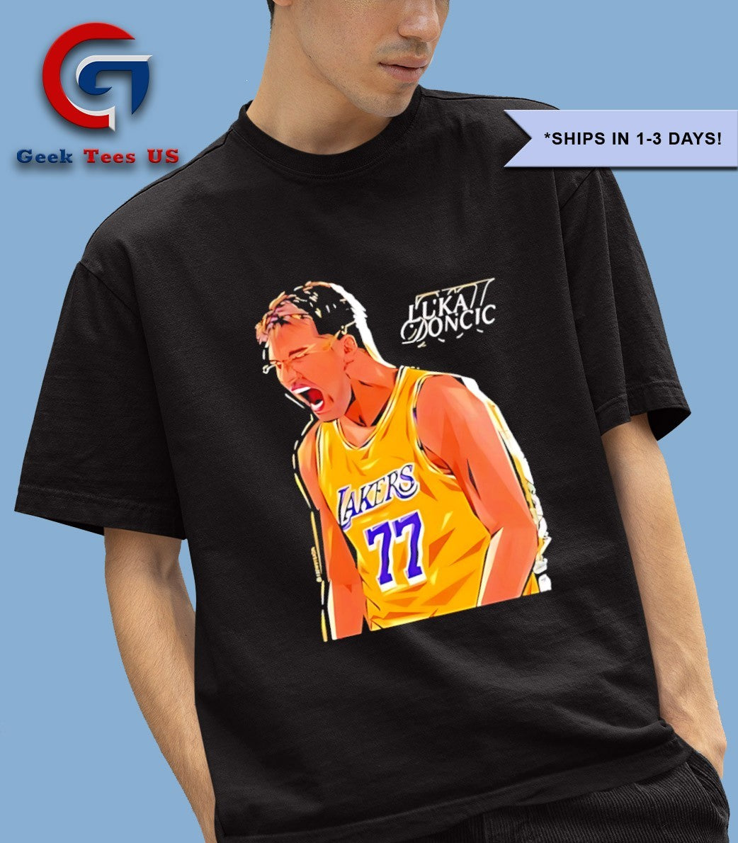 Luka Doncic wearing New Lakers Luka shirt