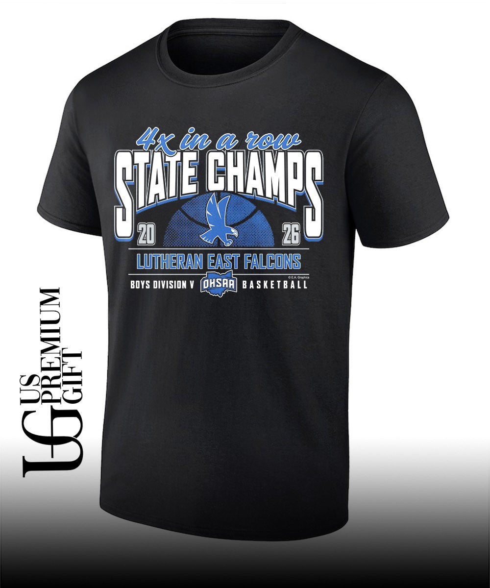 Lutheran East Falcons 2026 OHSAA Boys Basketball D5 4x in a Row State Champions shirt