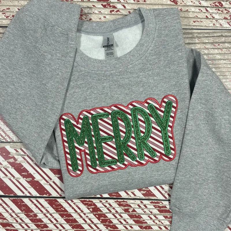 MERRY Candy Cane Glitter Christmas Embroidered Crewneck Sweatshirt T-Shirts, Hoodie | HypeDripTees.com