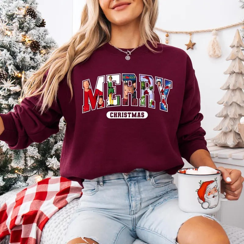 MERRY Christmas 90s Movies Shirt Crewneck Sweatshirt, Christmas Shirt for Movies Lovers, Christmas 90s Movies...