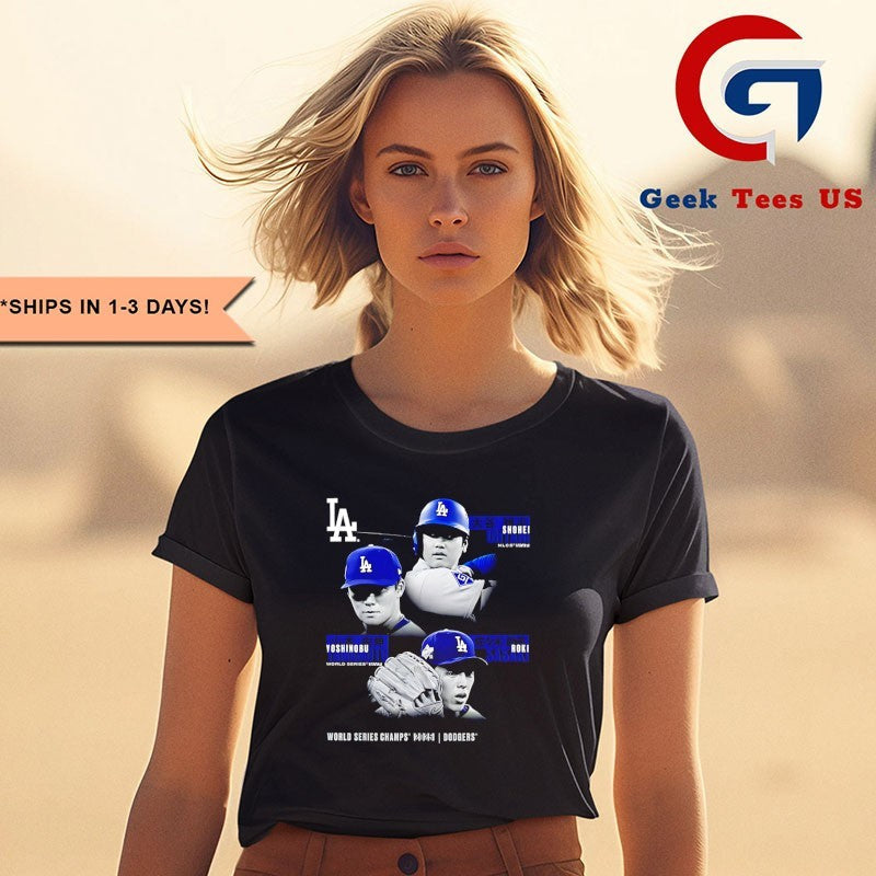MLB 2025 Postseason Moment Shohei Ohtani Roki Sasaki and Yoshinobu Yamamoto Los Angeles Dodgers baseball shirt