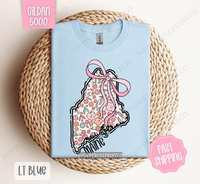 Maine Gildan T-shirt, Cute Maine State Shirt, Maine Floral Bow Tee Hoodie, Sweatshirt | HypeDripTees.com