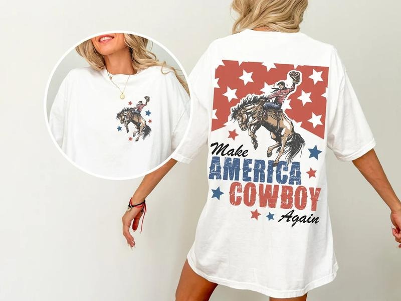 Make America Cowboy Again Shirt - Bucking Bronco, Summer Casual Crewneck Tee for Women Hoodie, Sweatshirt | HypeDripTees.com