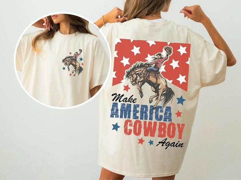 Make America Cowboy Again Shirt, Bucking Bronco Shirt, July 4th Tee, Cowboy America Flag Shirt, Patriotic Shirt, Cowboy...