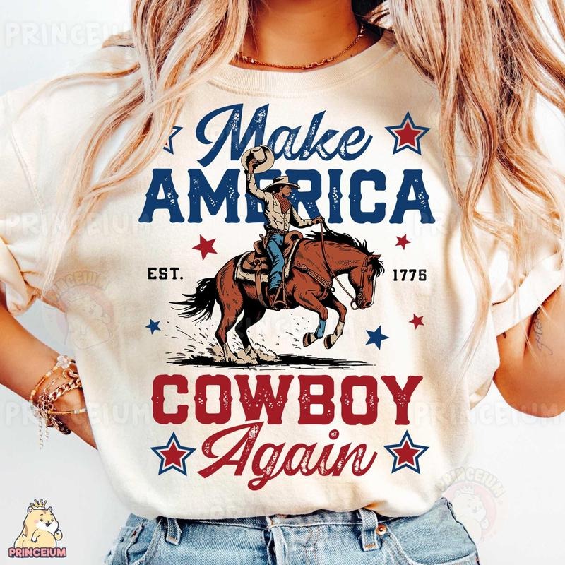 Make America Cowboy Again Shirt, Western Patriotic Shirt, USA Rodeo 4th of July Cowboy Country T-Shirt Trending Funny...