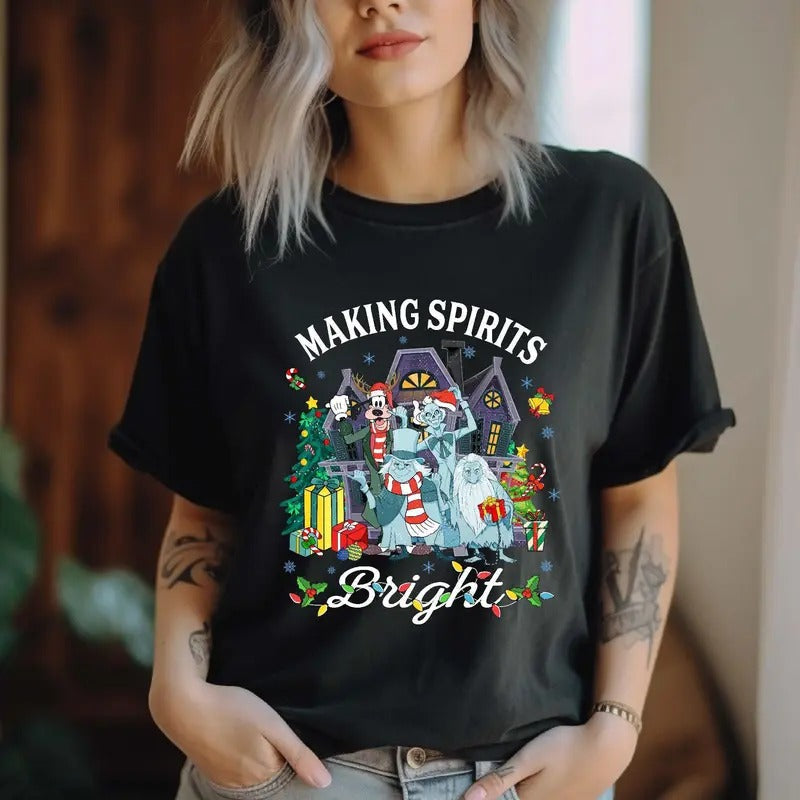 Making Spirits Bright Hitchhiking Ghosts Shirt, Goofy Merry Christmas Haunted Mansion Sweatshirt, Family Matching...