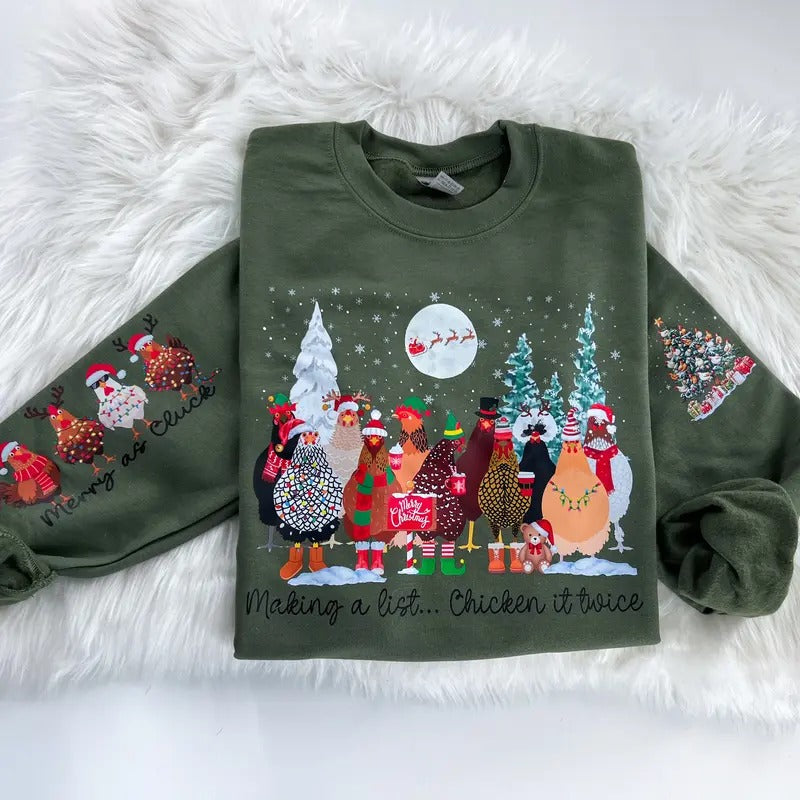 Making a List Chicken it Twice Christmas Sweatshirt or Hoodie with sleeve print Comfy Sublimation Tops Menswear Unisex...