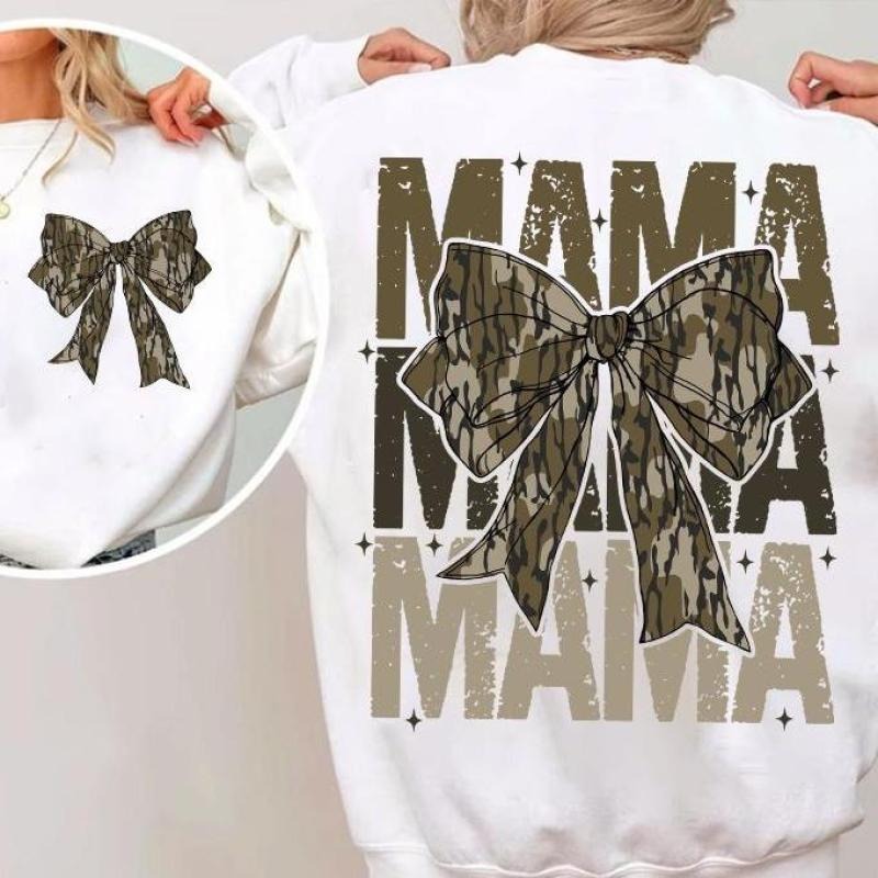 Mama Camo Coquette Bow Oversized Print 2 Sides Sweatshirt, Old School Camo Shirt, Retro Camo Coquette Bow Tee, Camo...