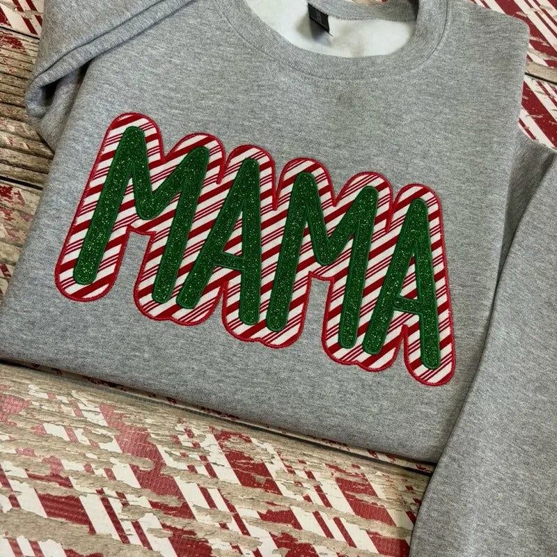 Mama Candy Cane Glitter Christmas Embroidered Crewneck Sweatshirt T-Shirts, Hoodie | HypeDripTees.com