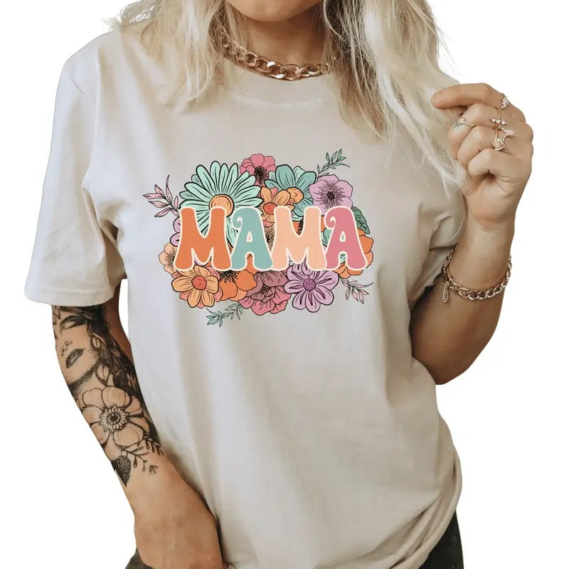 Mama Casual Everyday T-Shirt. Mama with spring flowers shirt. Perfect Mom Gift Hoodie, Sweatshirt | HypeDripTees.com