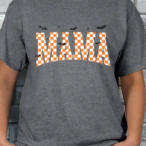 Mama Checkered Orange and White with Bats Halloween Retro T-shirt Soft Poly Cotton Blend Women's Top Streetwear Fit...