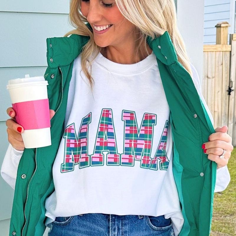 'Mama Christmas Plaid' Crewneck, Mom's Holiday Go-To Sweatshirt T-Shirts, Hoodie | HypeDripTees.com