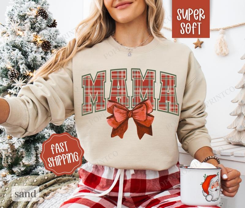 Mama Christmas Sweatshirt, Merry Christmas Sweater for Mom, Women's Holiday Crewneck T-Shirts, Hoodie | HypeDripTees.com
